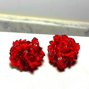 Vintage Ruby Red Cluster Clip on Earrings Dalsheim West Germany 1950’s Crystal